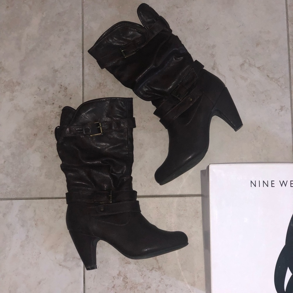 Nine West Deep Chocolate Below Knee Wedge Boots 9